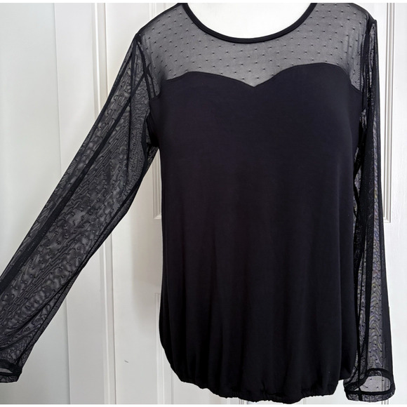 Amoena Black Sheer Mesh Dot Sweetheart Built In Bra Long Sleeve Blouse Top L - Picture 4 of 16